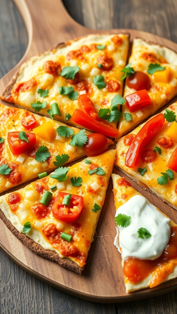 Cheesy quesadilla pizza with colorful toppings on a wooden board, served with sour cream and salsa.